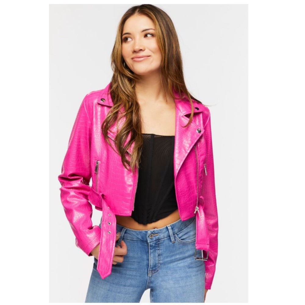 F21 Barbiecore Bright Pink Faux Croc Cropped Jacket